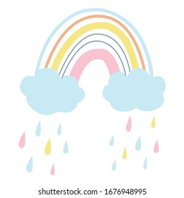 Vector colorful rainbow with rainy clouds. Colorful rain. Pastel colors. Rain Drops. Cute baby illustration. Kids background. Hand drawn. Childish scandinavian print for kids, baby, nursery decor.