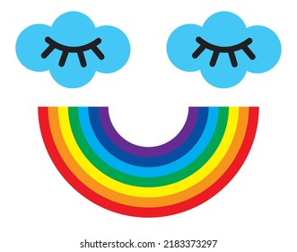 Vector colorful rainbow symbol with blue clouds