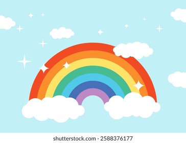 Vector colorful rainbow with white clouds is isolated on the blue sky background. All layered and grouped. Vector.