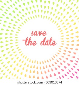 Vector colorful rainbow wreath  with colorful rainbow drops and central white copy space for your text. Frame for your text. Background with circle frame. Vector wedding. Save the date.