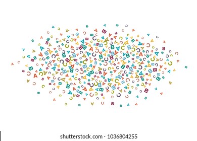 Vector colorful random spray background made from alphabet symbols, letters or characters in flat style