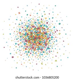 Vector colorful random spray background made from alphabet symbols, letters or characters in flat style