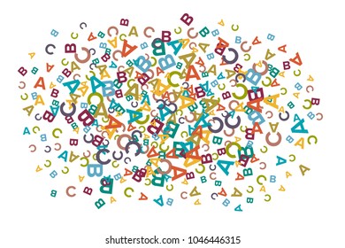 Vector colorful random spray background made from alphabet symbols, letters or characters in flat style