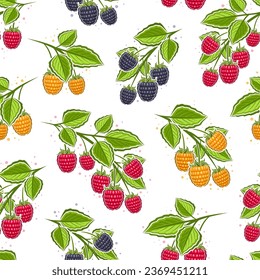 Vector Colorful Raspberry Branches seamless pattern, repeat background with illustration of raspberries still life composition for wrapping paper, collection of flat lay ripe raspberry fruit on branch
