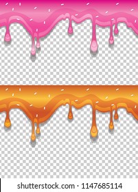 Vector colorful realistic illustration of a drop of liquid sweet syrup. Caramel and pink cream for sweets with a sprinkling of white color isolated from background