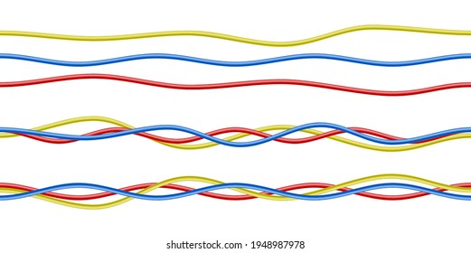 Cables eléctricos de color vectorial, realistas, rojos, azules y amarillos. Aislado sobre fondo blanco.