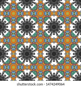 Vector colorful rectangles seamless pattern. Yellow, blue and gray background.