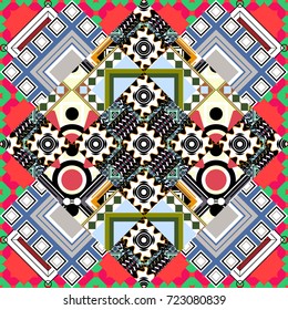 Vector colorful rectangles seamless pattern. Black, gray and white background.