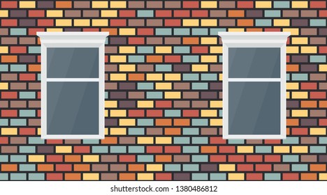 Vector colorful red blue brown yellow violet dark brick wall background. Old texture urban masonry and window. Vintage architecture block wallpaper. Retro facade room illustration