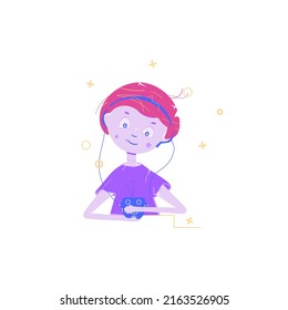 Vector colorful red hair girl kid with headsets on and listening to music. Smiling child holding funny music player and enjoying sound, decorated by simple yellow geometric forms.