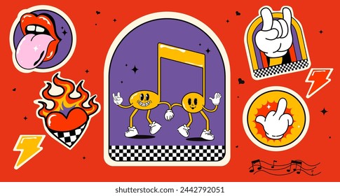 Vector. Colorful retro cartoon label shape set. Collection of trendy vintage y2k sticker icons. Funny vibrant color quote sign bundle. Fun patch illustrations. Concept of nostalgic vintage, art.