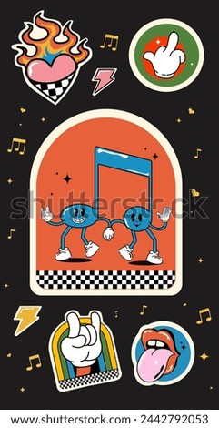 Vector. Colorful retro cartoon label shape set. Collection of trendy vintage y2k sticker icons. Funny vibrant color quote sign bundle. Fun patch illustrations. Concept of nostalgic vintage. Dark mode