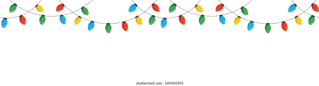 Vector Colorful Retro Christmas New Year Hanging String Lights Isolated Horizontal Border On White Background. Winter Holiday Circular Decorative Element For Invitations, Postcards, Banners, Ads