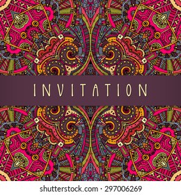 Vector colorful retro style ethnic greeting card design template with a stripe copy space, hand lettering and magical abstract geometric artistic background in tribal bohemian style. Seamless pattern