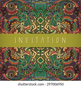Vector colorful retro style ethnic greeting card design template with a stripe copy space, hand lettering and magical abstract geometric artistic background in tribal bohemian style. Seamless pattern
