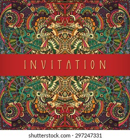 Vector colorful retro style ethnic greeting card design template with a stripe copy space, hand lettering and magical abstract geometric artistic background in tribal bohemian style. Seamless pattern