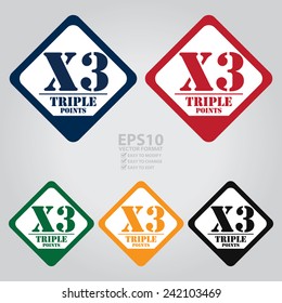 Vector: Colorful Rhombus X3 Triple Points Sign, Icon, Label or Sticker Isolated on White Background 