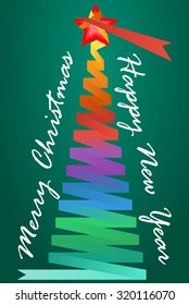 Vector colorful ribbon banner curling in a form of Christmas tree with star on top, green background.