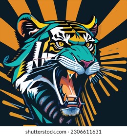 Vector colorful roaring tiger in pop art style