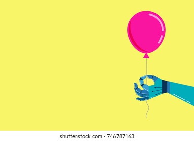 Vector colorful robotic hand hold a pink balloon