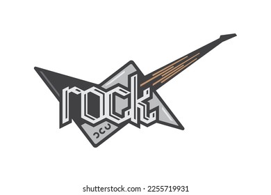 Vector colorful rock music typographic logo with electric guitar on white background.