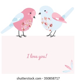 Vector colorful romantic valentine sample card with stylish cute bird and feathers.