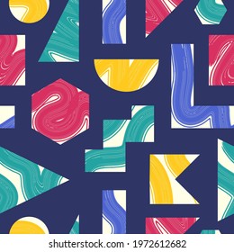 vector colorful rough ethnic brush stroke lines overlapped on white geometric seamless pattern on blue