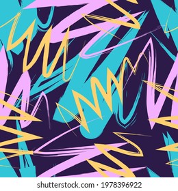 vector colorful rough ethnic zigzag brush stroke lines overlapped seamless pattern on dark violet