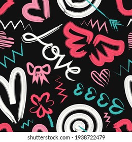 vector colorful rough love symbols with brush stroke lines seamless pattern on black