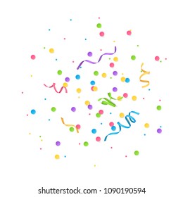 Vector colorful round confetti and colored curved ribbons isolated from the white background. Festive decorative elements for holiday design.