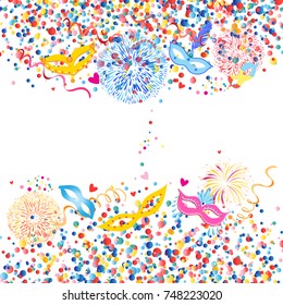 Vector colorful round confetti and fancy masquerade masks isolated on white background