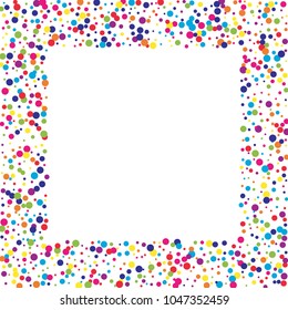 Vector colorful round confetti isolated on white background.Birthday card.Square card and frame.Template for holiday, party, birthday, wedding, solemnity.