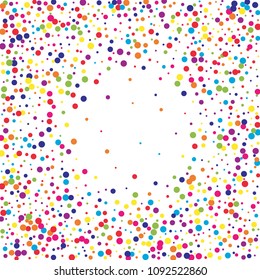 Vector colorful round confetti isolated on white background.Birthday card.Square card and frame.Template for holiday, party, birthday, wedding, solemnity.