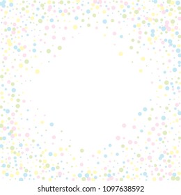 Vector colorful round confetti isolated on white background.Birthday card.Square card and frame.Template for holiday, party, birthday, wedding, solemnity.