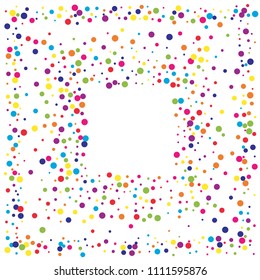Vector colorful round confetti isolated on white background.Birthday card.Square card and frame.Template for holiday, party, birthday, wedding, solemnity.