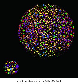 Vector colorful round confetti splash isolated on black background.