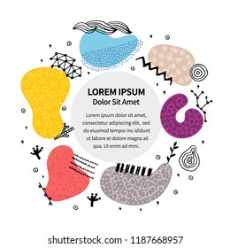 Vector colorful round frame with hand drawn abstract shapes. Spotted and textured figures. Unique design. Creative background. Doodle. Freehand style. Card, invitation, tag, banner, advertising