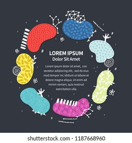 Vector colorful round frame with hand drawn abstract shapes. Spotted and textured figures. Unique design. Creative background. Doodle. Freehand style. Card, invitation, tag, banner, advertising