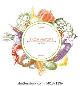 Vector colorful round frame with sketch of vegetables. Card design with hand drawn organic food illustration.