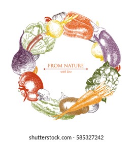 Vector colorful round frame with sketch of vegetables. Wreath of vegetables. Card, badge or plate design with hand drawn organic food illustration.