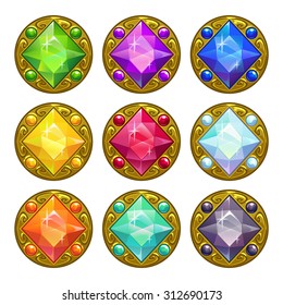 Vector colorful round golden amulets with diamonds, isolated elements