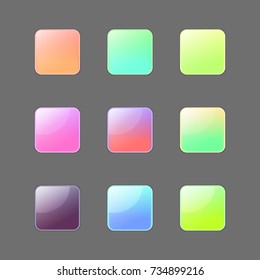 Vector colorful rounded square buttons set. Bright gradient buttons with shadow and light for web, ui design