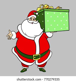Vector colorful santa illustration isolated on light background. Image for greeting cards, ads. New Year character with gift.