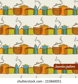 vector  colorful saucepan seamless pattern with teapot, saucepan