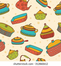 vector  colorful saucepan seamless pattern with teapot, saucepan. it can be used for textile design, wallpaper, wrapping paper, menu design