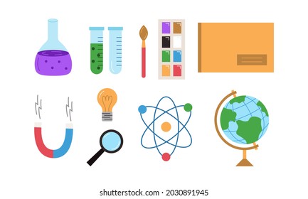 Equipo de material escolar colorido para vectores. Símbolos de sujeto aislados sobre fondo blanco. Colección de elementos planos de educación