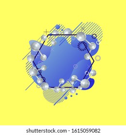 Vector Colorful Scientific Frame, 3D Realistic Objects, Blue Liquid Shape Abstract Background, Blank Template.