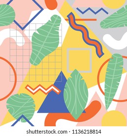 Vector colorful seamless abstract pattern with tropical leaves. Design from 90-s for print and wallpaper with simple geometric shapes and exotic plants. 
