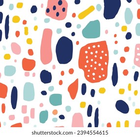 Vector Colorful Seamless Abstract Pattern on White Background, in the Style of Minimalist Palette, Rectangular Fields, Confetti-Like Dots, 20th Century Scandinavian Style, Thick Paint Layers