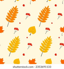 Vektorfarbiges, nahtloses Herbstmuster mit Herbstblättern und Rowaschbeeren. Herbsthintergrund für Stoffe, Papier, Textilien, Geschenkpapier, Banner oder Webdesign. Vektorfolien-Wiederholungsdruck.
